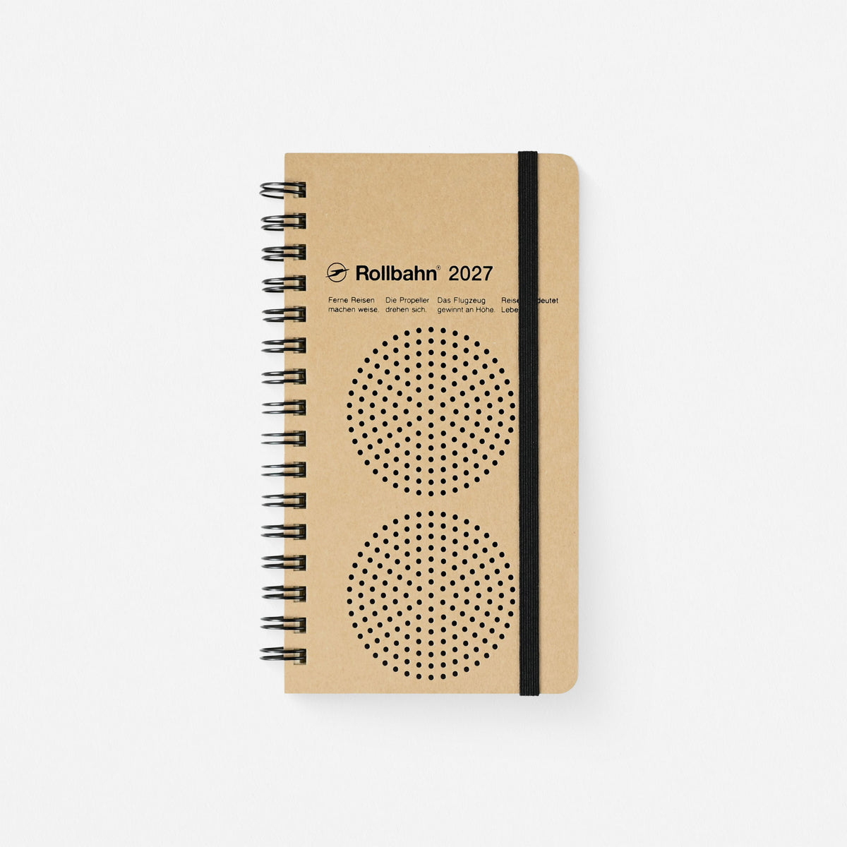 2027 Rollbahn Monaural Slim planner with black circular dot design on kraft beige background, black spiral and black elastic band