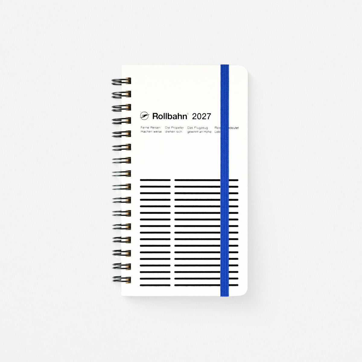 2027 Rollbahn Monaural Slim planner with black lines design on  white background, black spiral and bright blue elastic band