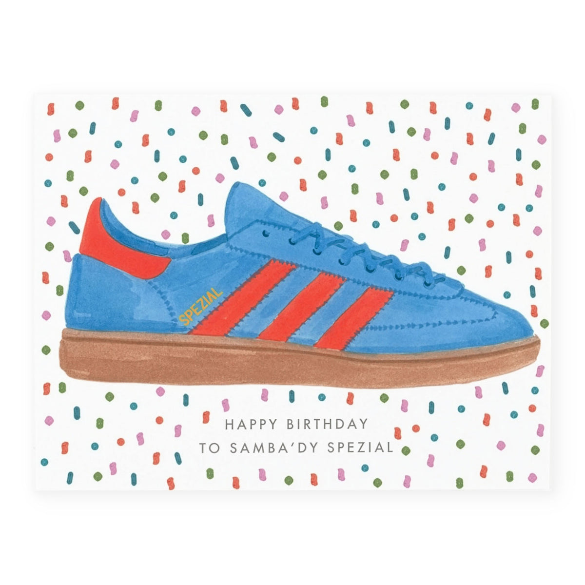 Dear Hancock greeting card illustrating an Adidas Samba'dy Spezial sneaker, birthday design close up