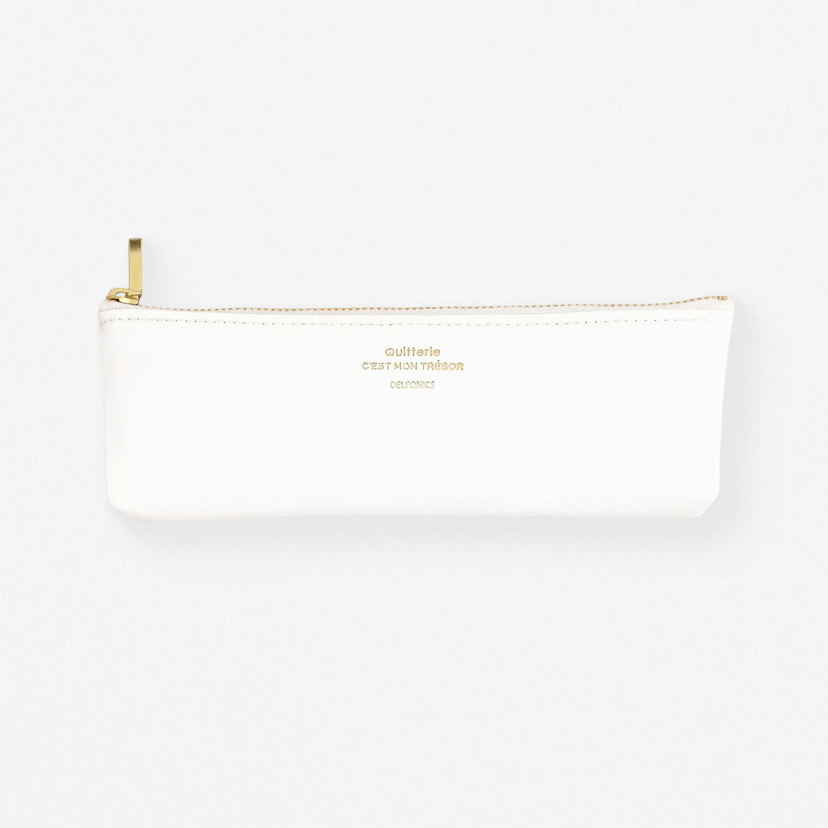Delfonics Quitterie Pen Case in cream, textured vegan leather with gold hardware