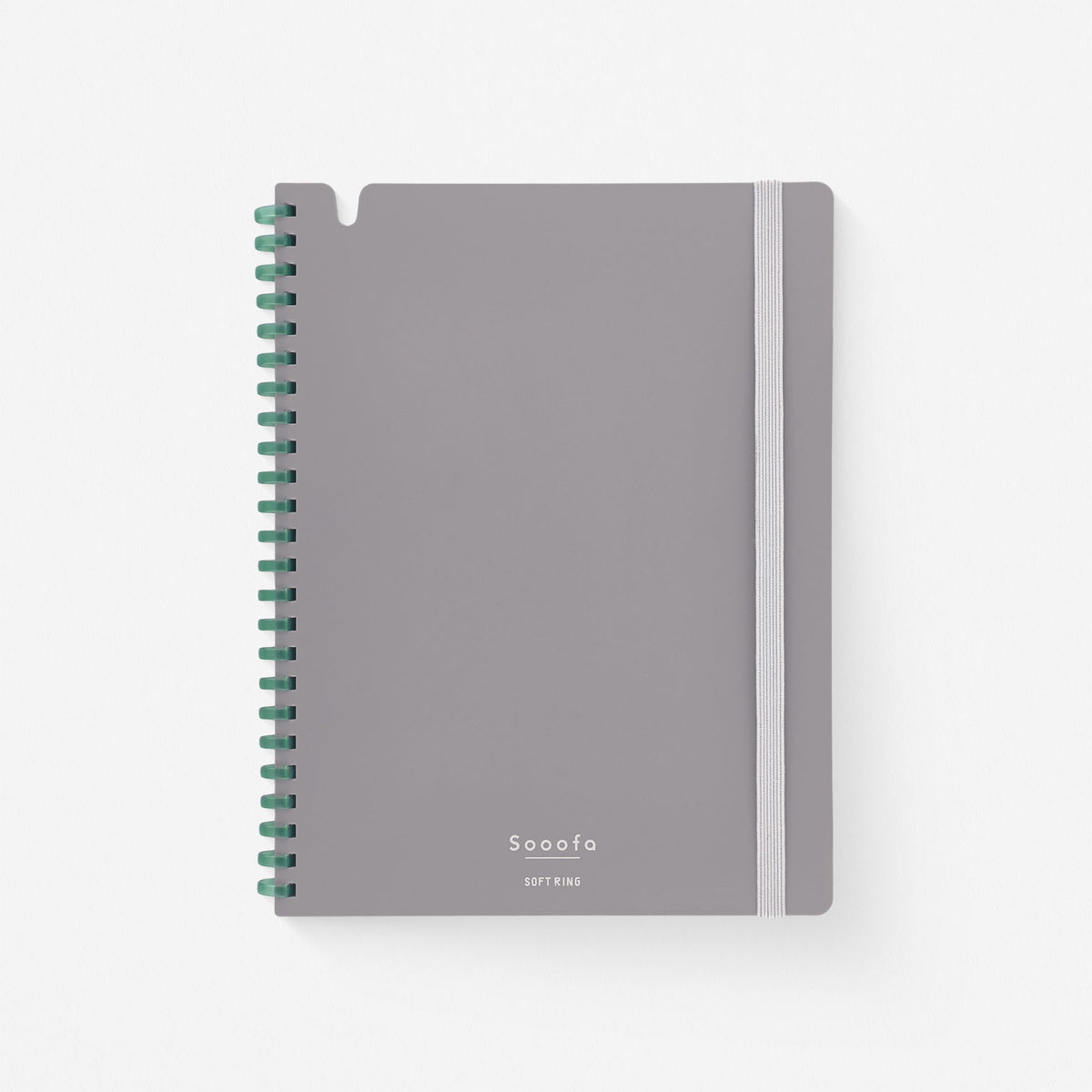 Kokuyo Sooofa Soft Ring Notebook in grey with a green translucent spiral and elastic band